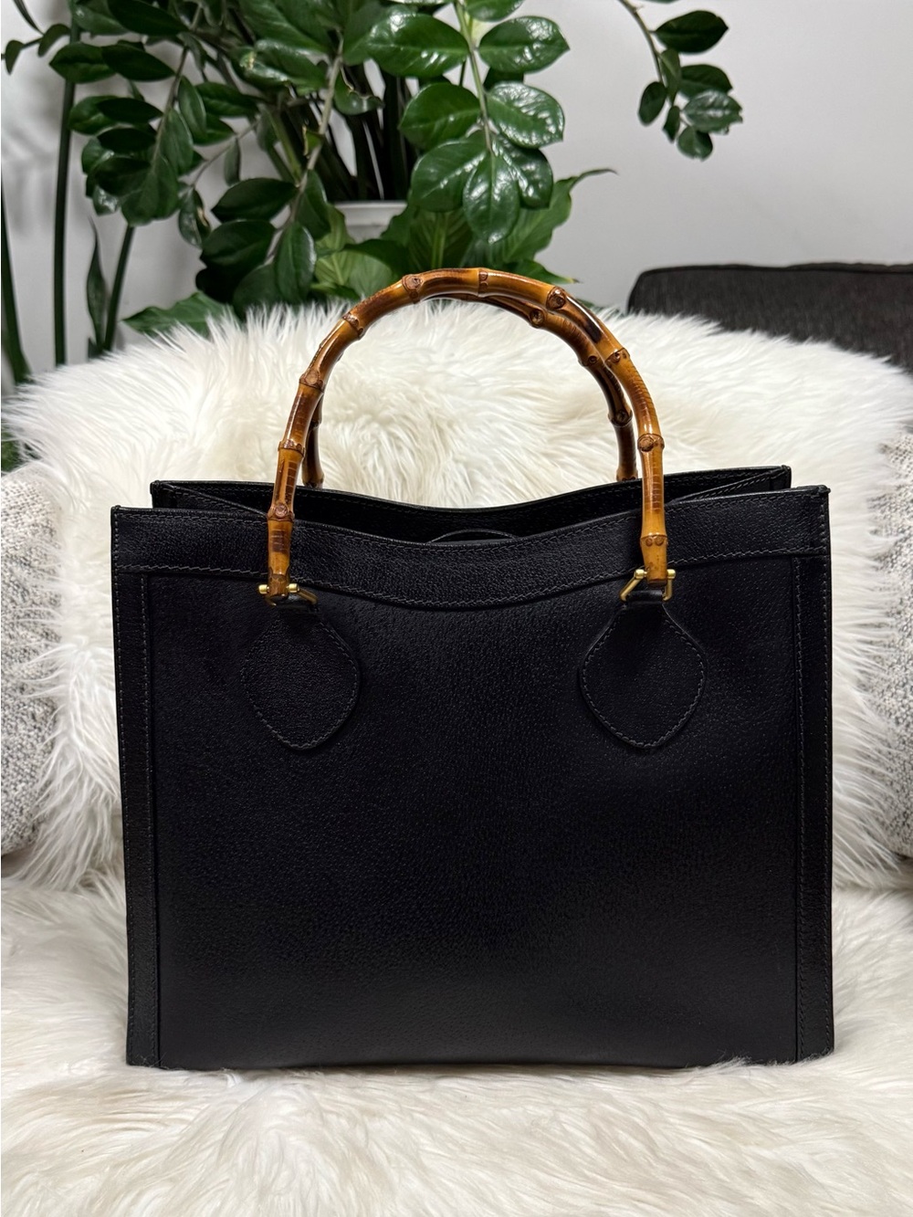 Authentic Gucci Diana Black Leather Bamboo Tote
